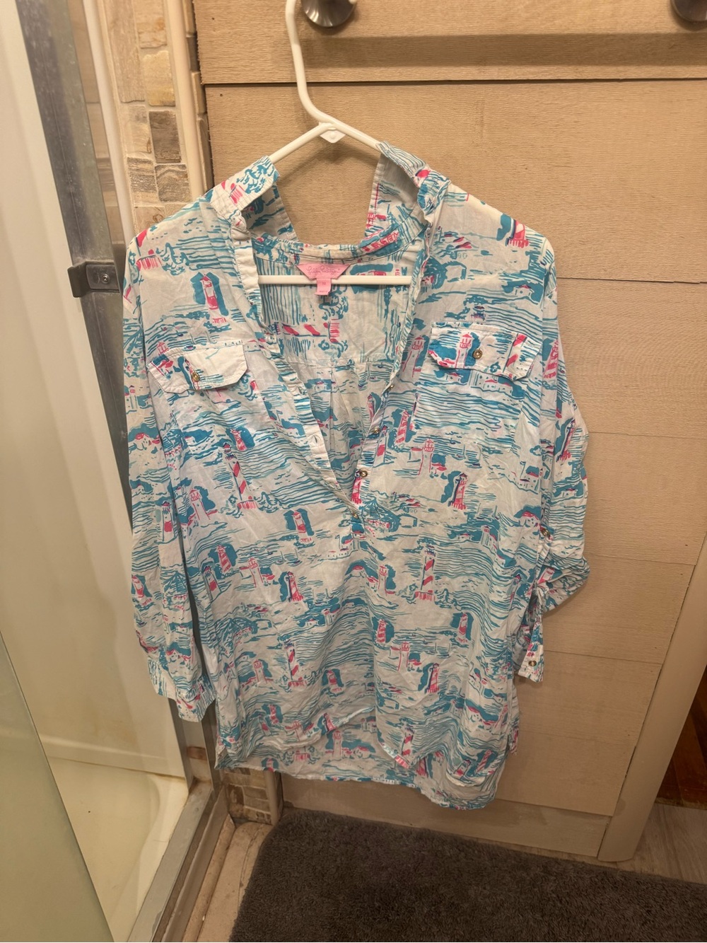 Lilly Pulitzer Light Blue Pink and White Beach Print Tunic
